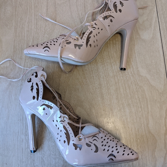 Nude Patent Laser Cut Lace Up Ankle Wrap Heels 8 - Picture 7 of 13